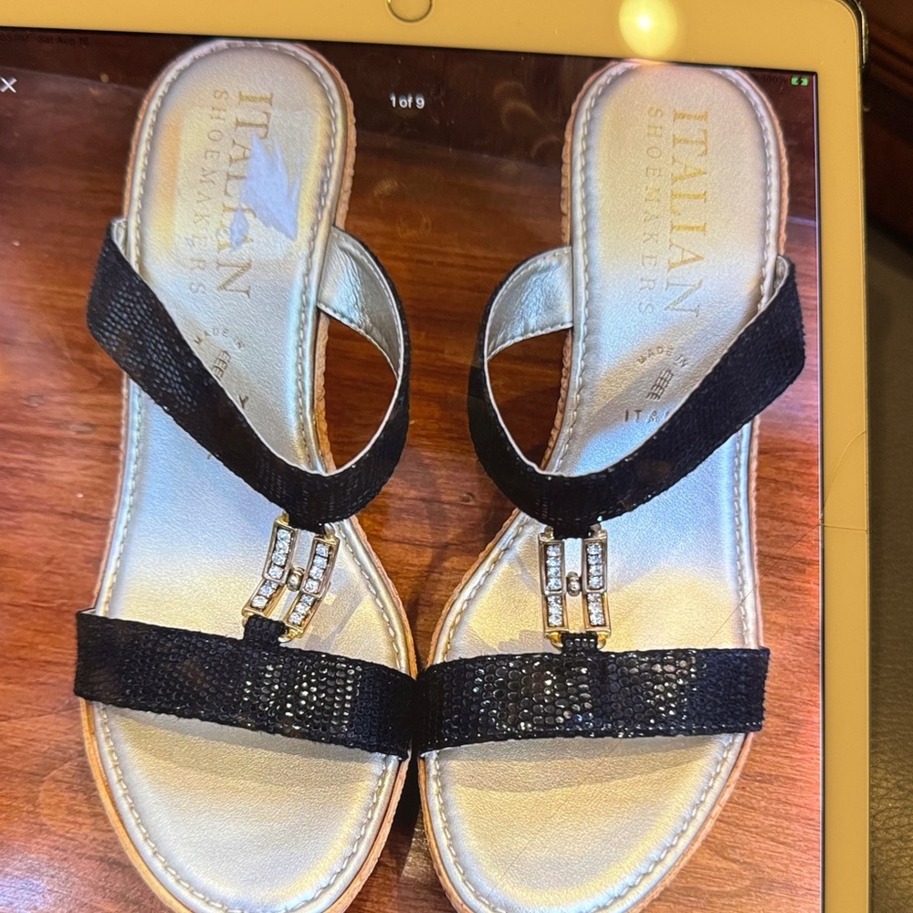 Italian Shoemakers Black and Gold Wedges 7.5